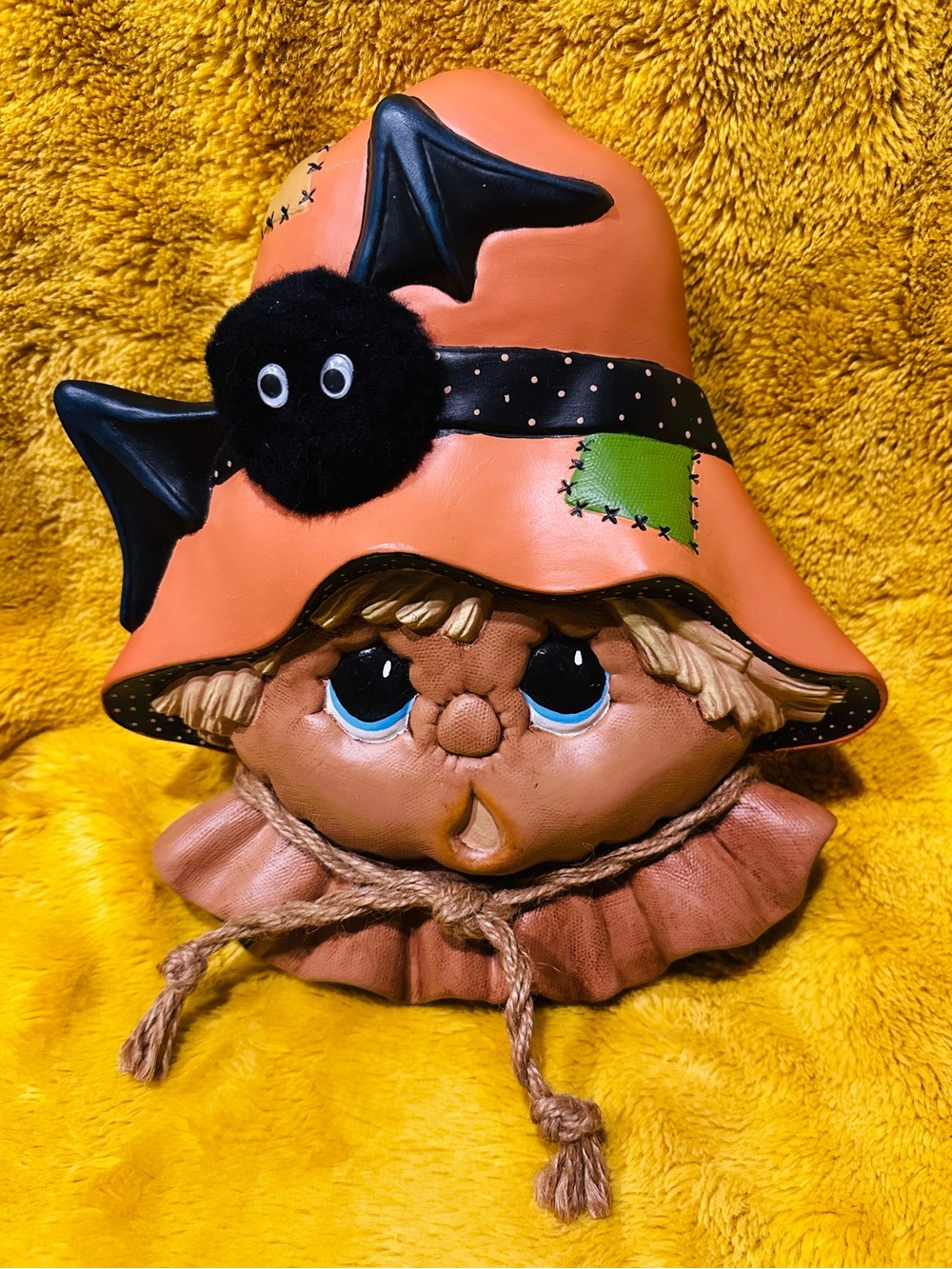Vintage Hand Painted Scarecrow Halloween Ceramic Wall Hanging Spider Decor Party